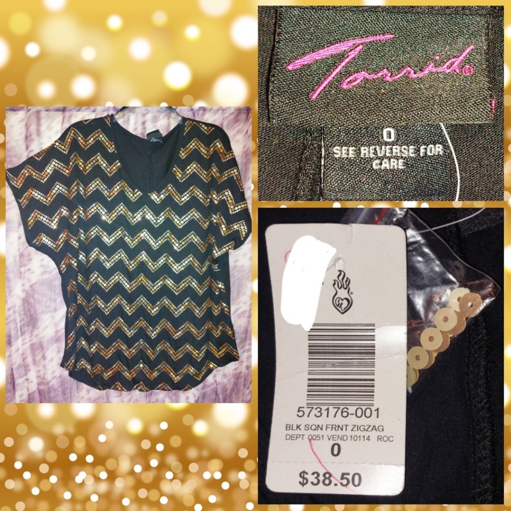Torrid brand Black w/Gold Sequin Zig Zag Print Soft Knit Top Sz 0|0X|Large|12